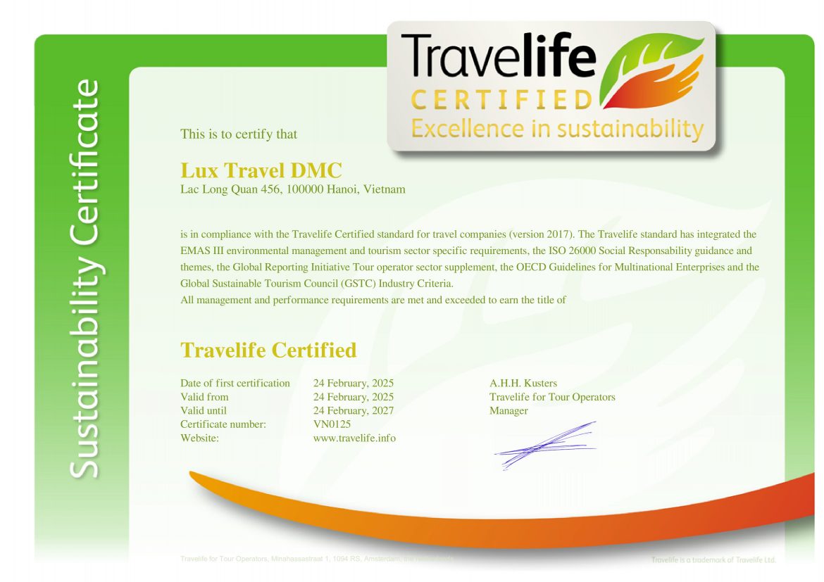 Lux Travel DMC received Travelife Certified Award